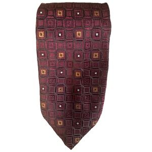 Canali Italy Neck Tie Red Orange Geometric Checkered Luxury 100% Silk 3.5" 55"